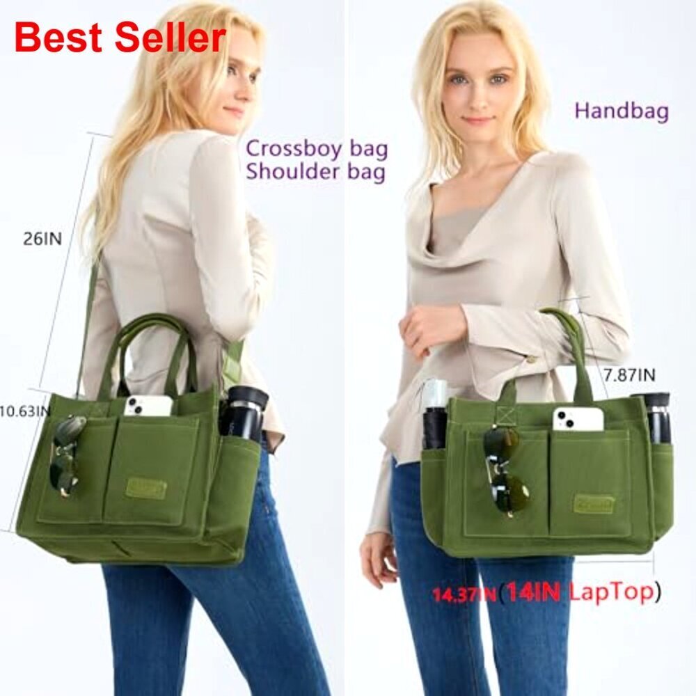 Large Canvas Tote Bag with Laptop Compartment for Work Travel - Picture 3 of 7